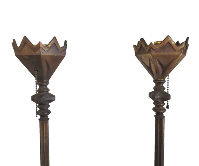 Matched Pair W&E co. Colonial Premier Cast Iron Art Deco Torchiere Floor Lamps