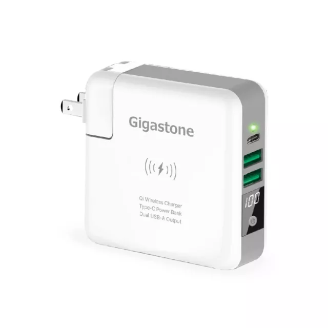 Gigastone 3in1 Power Bank with Plug,6700mAh, 24W Output, USB-C/A, 5W Qi Wireless