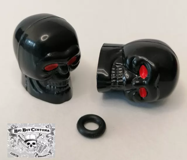 2x Ventilkappen schwarz glanz rote Augen Schädel Totenkopf Skull Ventile Felgen