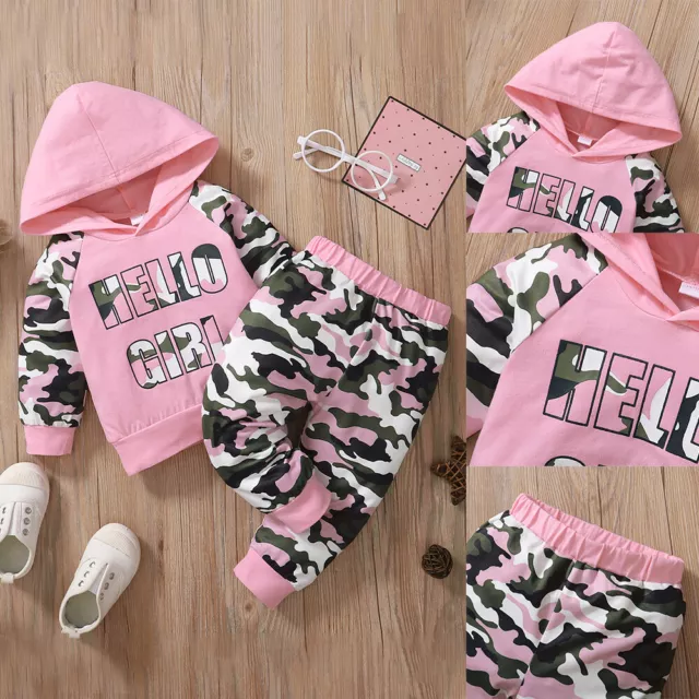 Toddler Baby Girls Camo Hooded Tops + Pants 2PCS Tracksuit Outfit Clothes Set UK