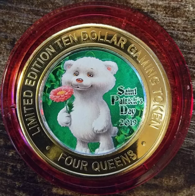 2019 FOUR QUEENS $10 RED Cap .999 Silver Strike St. Patricks Day Lucky Bear