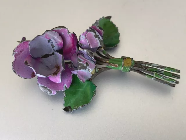 Beautiful 1900s French Vintage Brooch,Bunch of Flowers -Metal hand painted 4.5cm