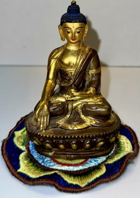 Handbemalter Medizin-Buddha Tibet feuervergoldete Bronze Lapislazuli Meditation