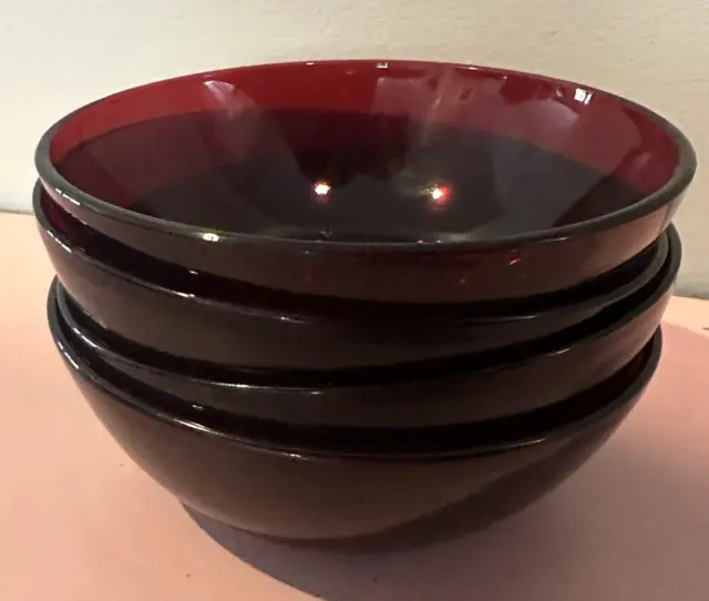 Vintage RUBY RED GLASS ROUND set of 4 BOWLS DISH 4.5" Anchor Hocking