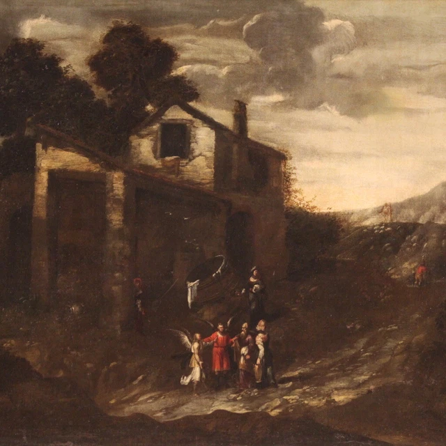 Lot angeles paisaje pintura religiosa antigua oleo sobre lienzo cuadro 600