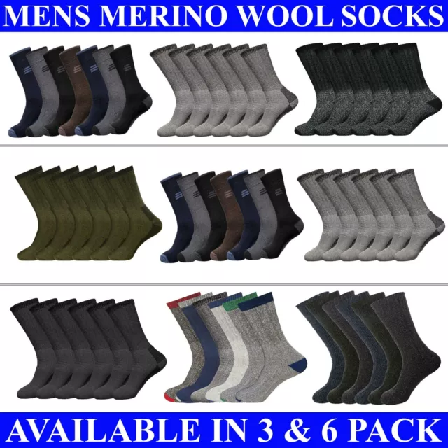 Mens Merino Wool Socks Winter Warm Hiking Work Boot Sock 3 & 6 Pairs Size UK6-11