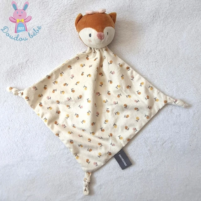 Doudou plat Renard blanc beige marron fleurs roses ORCHESTRA (état neuf)