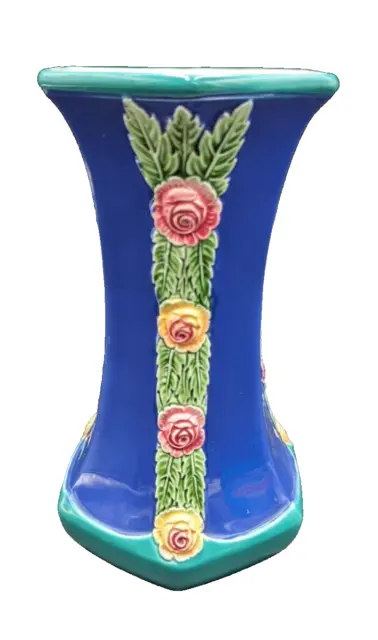 Antique Eichwald Art Deco Majolica Vase 506 Bernard Block Blue w/ Flowers Czech