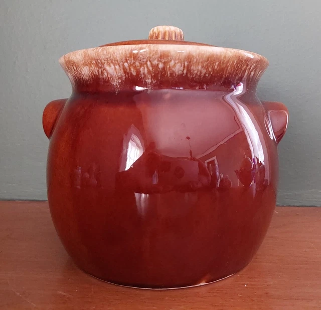 VINTAGE HULL POTTERY Oven Proof USA Covered Jar Brown Drip Glaze 30.40
