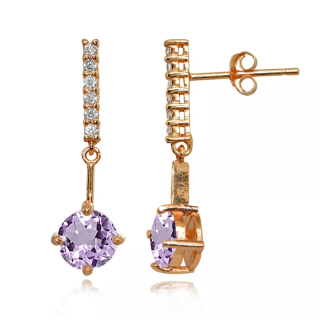 Round Amethyst & White Topaz Bar Rose Gold Plated 925 Silver Dangle Earrings