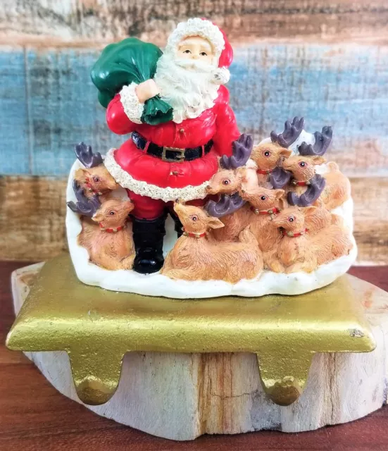 Vintage Cast Iron Santa with Reindeer Christmas Stocking Holder Double Hook