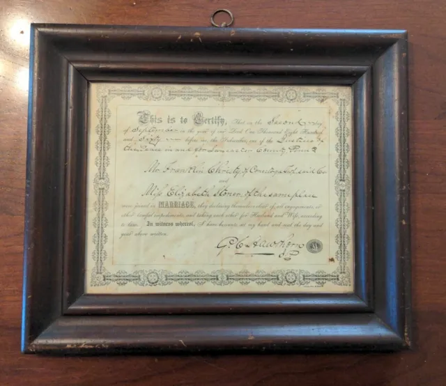 1860 Lancaster County PA Marriage Certificate Cabinet Made Wood Frame