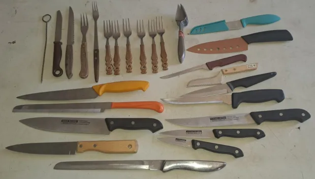 Kitchenware Huge Mixed Knife Fork Bulk Lot X 35 Some Vintage Wooden Handles