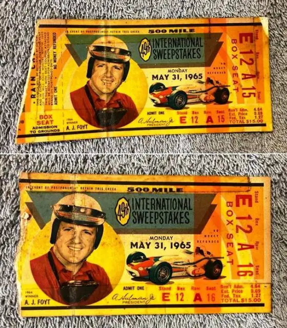 Vintage 1965 Indy 500 Ticket Stubs 2 - A.J. Foyt