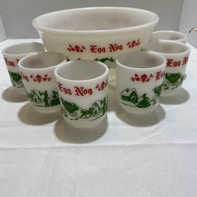 Vintage Hazel Atlas Eggnog Punch Bowl With 6 Cups Christmas Holiday Carriage SEE