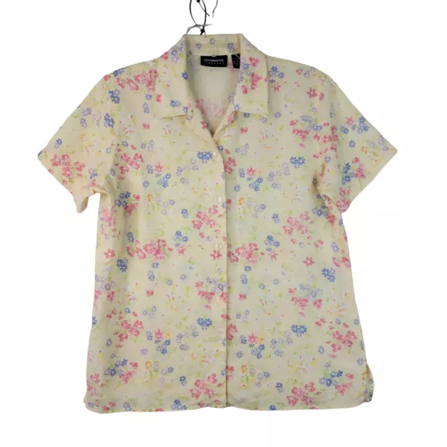 Liz Claiborne Womens Yellow Floral Button Up Short Sleeve Blouse Size Small