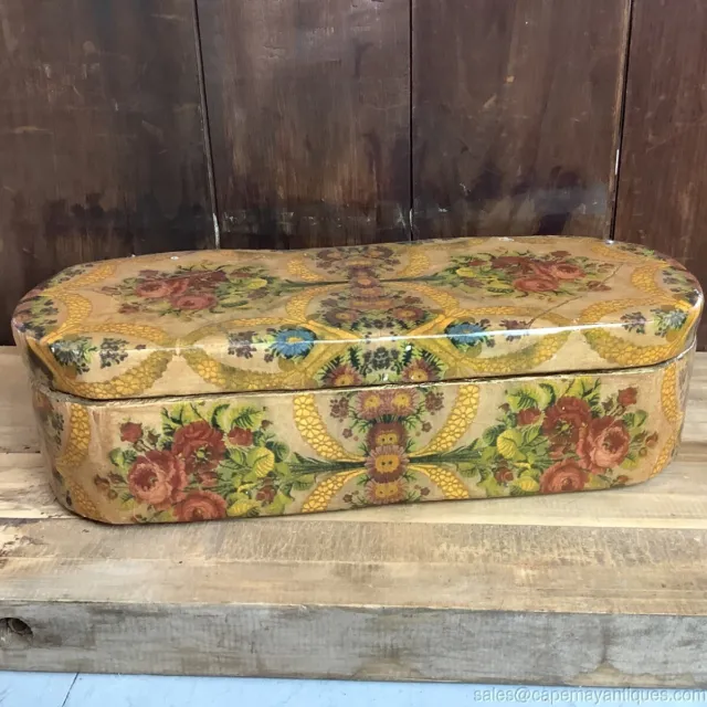 Vintage Papered Solid Wood Oblong Box Storage Floral Victorian Gold Interior 21"