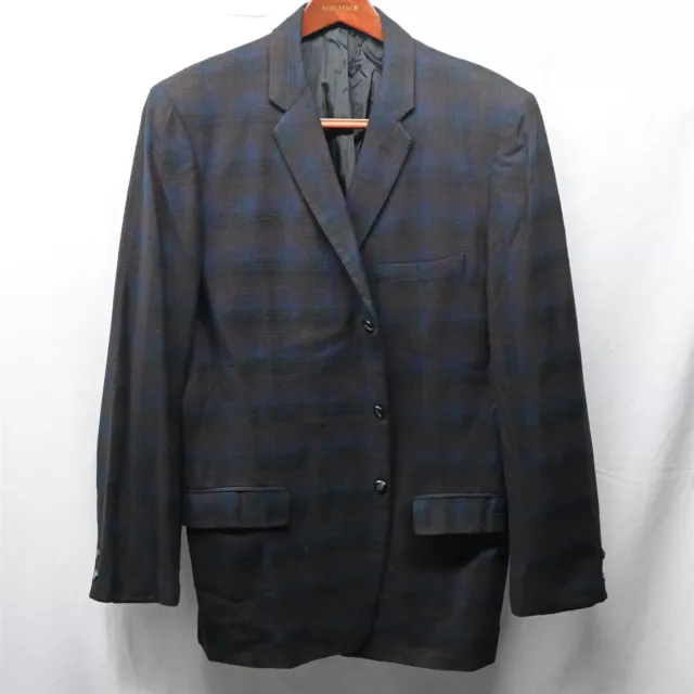 Vtg 50s 60s Shadow Plaid 44L Blue Brown Wool 3Btn Blazer Jacket Sport Coat