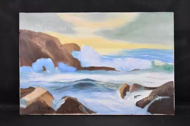 Quadro Dipinto A Olio Su Tela Scogliera Sul Mare 40x60 Cm Autore: Ribe 98