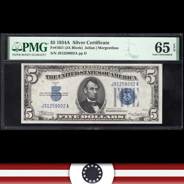1934-A $5 SILVER CERTIFICATE *J-A Block* PMG 65 EPQ Fr 1651 59092