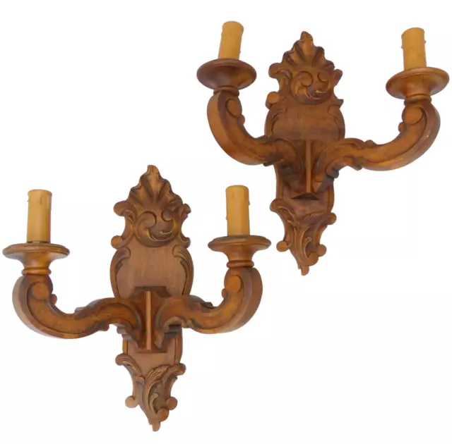 Vintage PAIR French Carved Wood Shell Rococo Wall Light Sconce Louis XV Rare