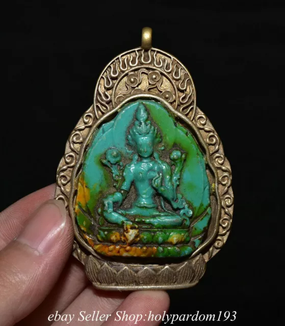 3" Old Chinese Silver Turquoise Gem Green Tara Pendant Amulet Statue Pendant