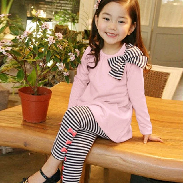 T-shirt abiti lunghi a righe 2 pz bambini per bambine top pantaloni lunghi a righe set 5