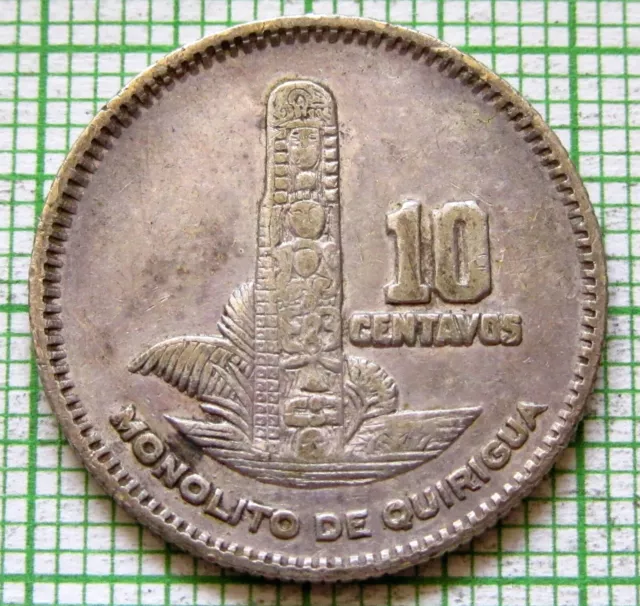 GUATEMALA 1957 10 CENTAVOS, Mayan Pillar ruins of Quirigua 0.720 SILVER km# 256