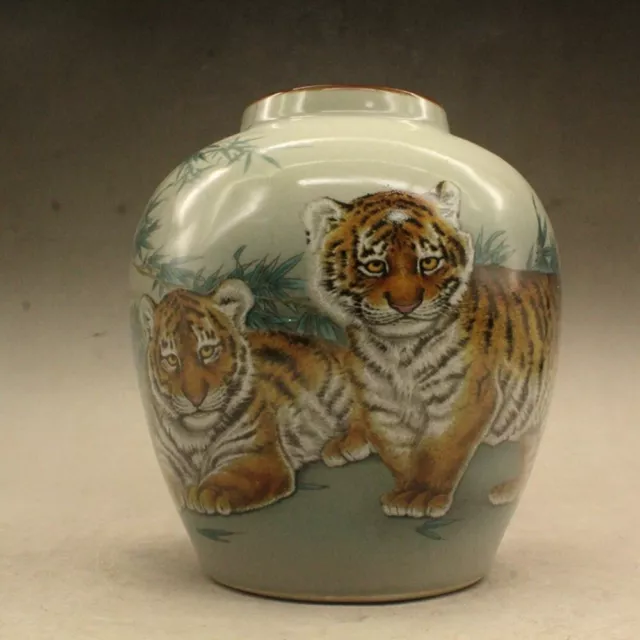 Old Chinese porcelain color painted tiger jar pots Guangxu Mark