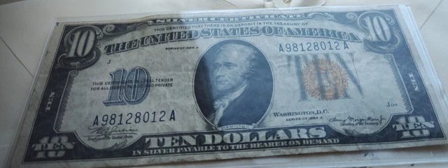 1934 A $10 TEN Dollar NORTH AFRICA Emergency Issue Silver Certificate Note VF