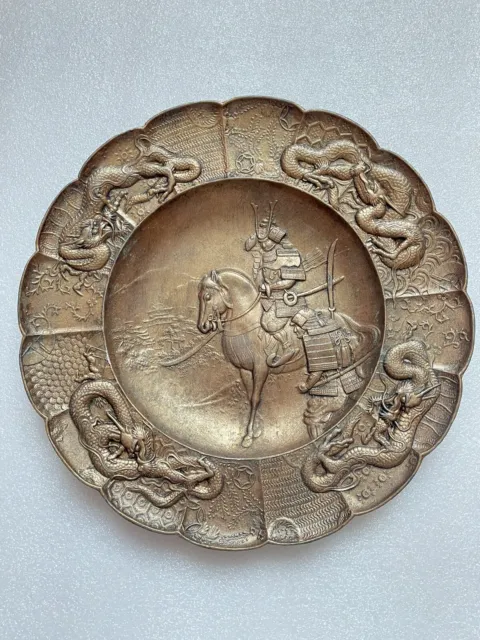 Antique Japanese Late Meiji Period Samurai Warrior On Horseback Copper Plate