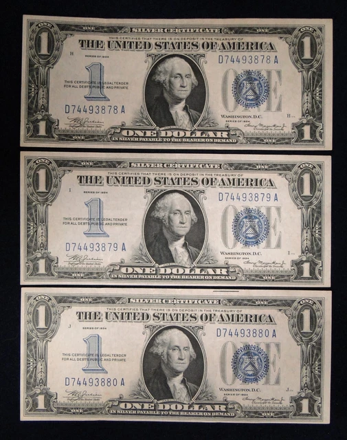 3 Series Of 1934 $1 Funny Back Silver Certificates In Succession Fr 1606