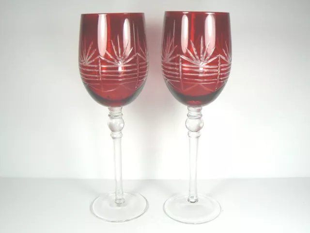 2 Wine Glasses Ruby Red Cut-to-Clear Long Stem Sunrise Pattern Hand Blown