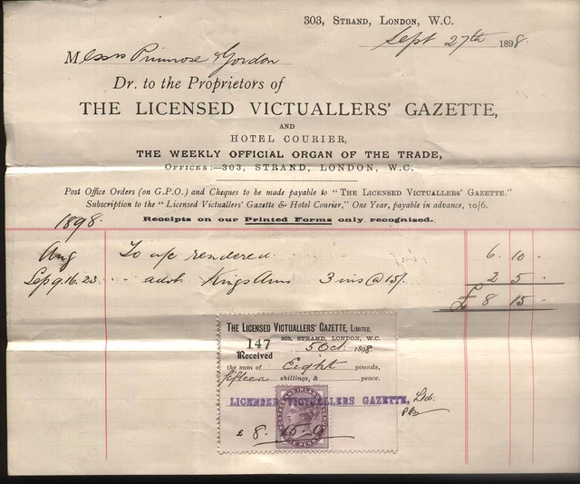 1898 London The Licensed Victuallers' Gazette, Re Advert The Kings Arms Dumfries