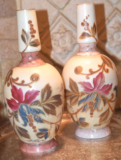 PAIR ANTIQUE Hand Painted Victorian Milk Glass Vase FLORAL BERRY GOLD GILT 11" H