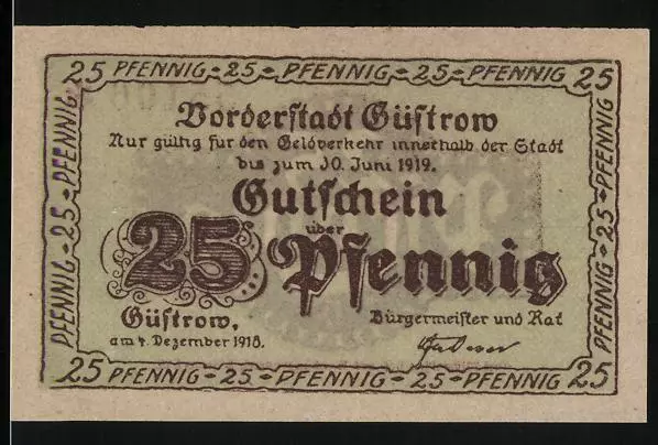 Notgeld Güstrow 1918, 25 Pfennig, von der Carl Michael´schen Hof- und Ratsbuchd