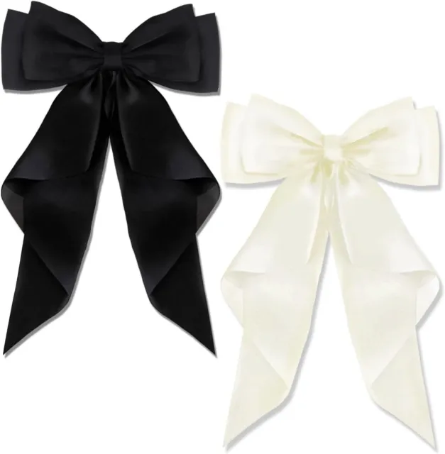 2PCS Big Bow Hair Clips Long Silky Satin Solid Color French Barrette Women Girl
