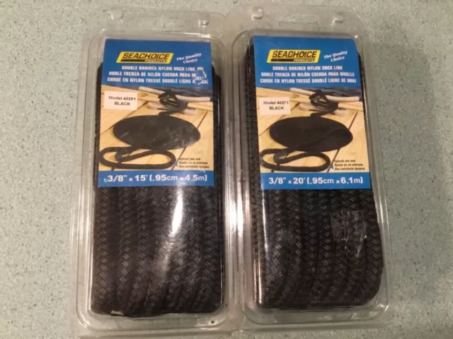 2~Seachoice Double Braided Marine Nylon Dock Line Ropes~3/8”x 20’ & 3/8” x 15’