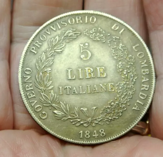 1848 Italy Lombardy 5 Lire Coin (5L, 5 Lira) - Rare!