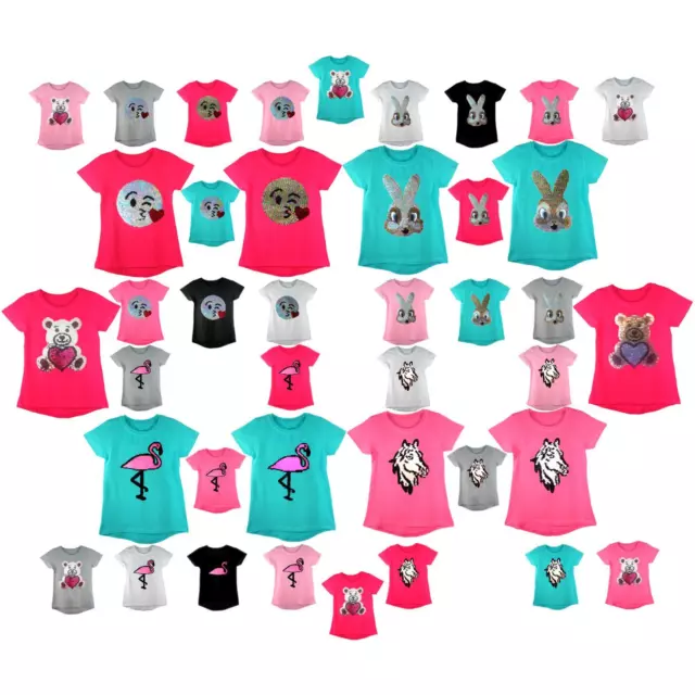 Girls T-Shirt Emoji Wink Bunny Flamingo Horse Teddy Brush Changing Sequin 3-14 Y