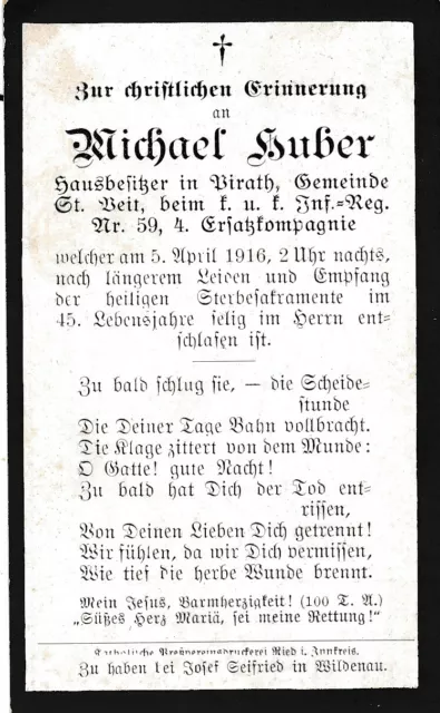 Nr-36448 Sterbebild deathcard K.u.K. IR 59 Soldat 1916 St. Veit Wildenau