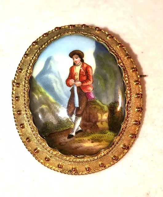 Miniature Portrait Cameo Brooch Swiss Enamel Gold Antique Victorian Biedermeier