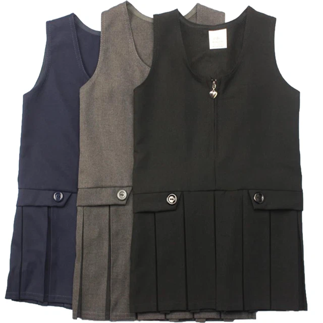 Girls Pinafore Box Pleated Skirt School Uniform School Dress Two Button Pinafore