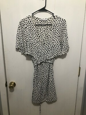 Zara Wrap Dress Polka Dot Animal Print Women's SZ Medium White & Black V Neck