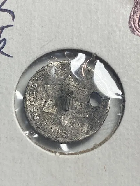 1852 Three Cent Silver, holed, 99c shipping