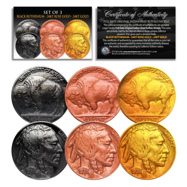 1930’s Original Buffalo Indian Head Nickel Coins SET of 3 Rare Metal Versions