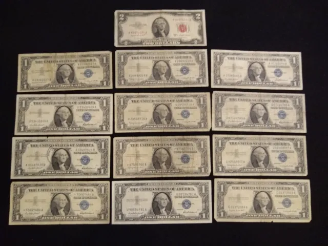 Lot Of 12 1957 Series A, B Silver Certificates And 1953 Series B 2 Dollar Bill