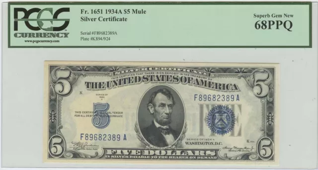 1934A $5 Silver Certificate FR# 1651 PCGS 68PPQ Superb Gem New Finest Known Mule