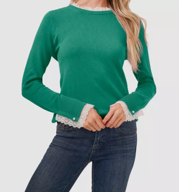 $89 CeCe Women's Green Lace Trim Long Sleeve Crewneck Sweater Size Small