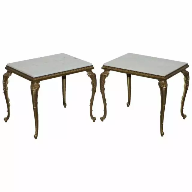 Pair Of Lovely Circa 1900 French Brass Framed Side Tables Italian Marble Tops